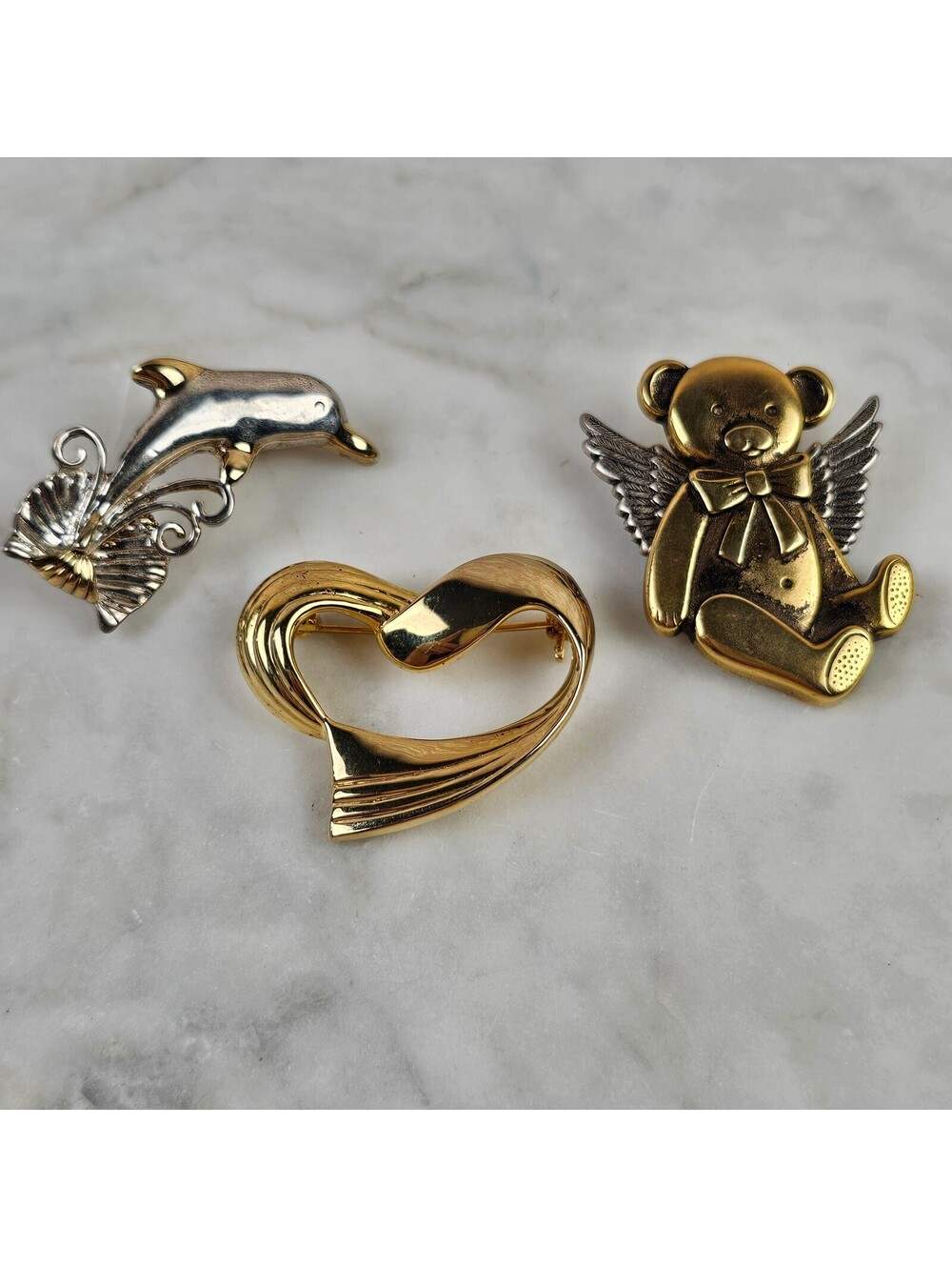 Vintage Figural Brooch Lot Dolphin Heart Angel Teddy Bear Pendant Pin